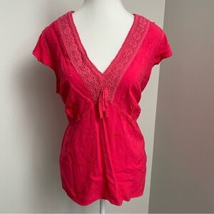 Y2K Vintage Babydoll Embroidered Tie Waist Short Sleeve Top Pink Size 14